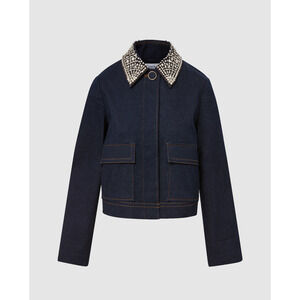 Veronica Beard Barrington Denim Blue Embellished-Collar Cropped Jacket US 8